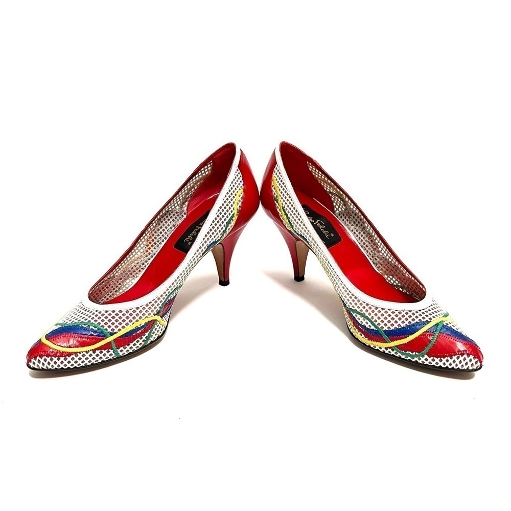 Vintage 1980s white leather illusion netting primary color stripe appliqué heels - Picture 5 of 8